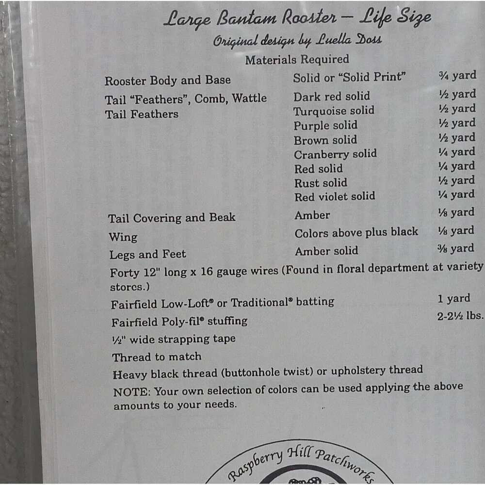 Luella Doss Karge Bantam Rooster & Rhode Island Hen Life Size Patterns Sewing
